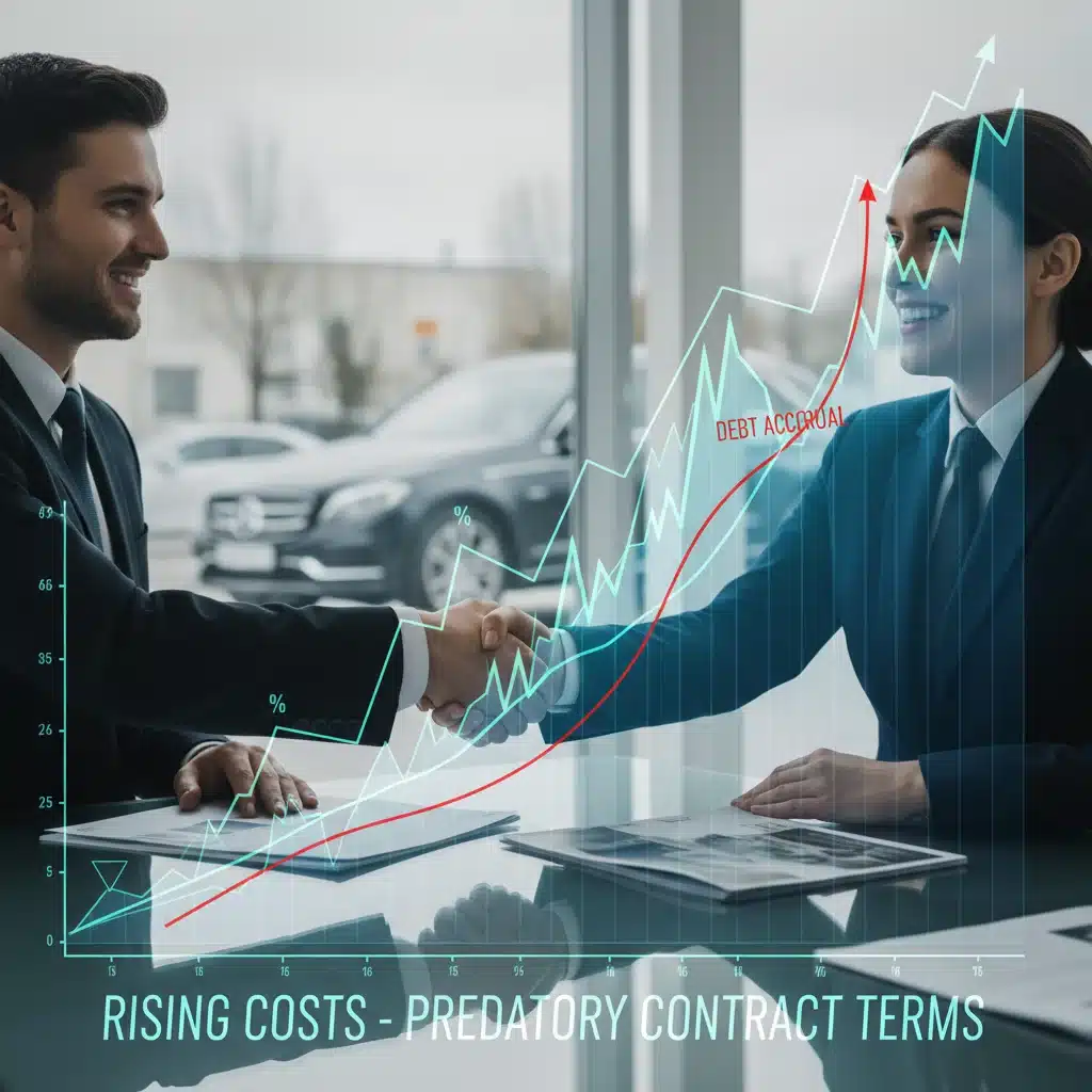 Apretón de manos en concesionaria con gráfico financiero superpuesto, representando costos ocultos.