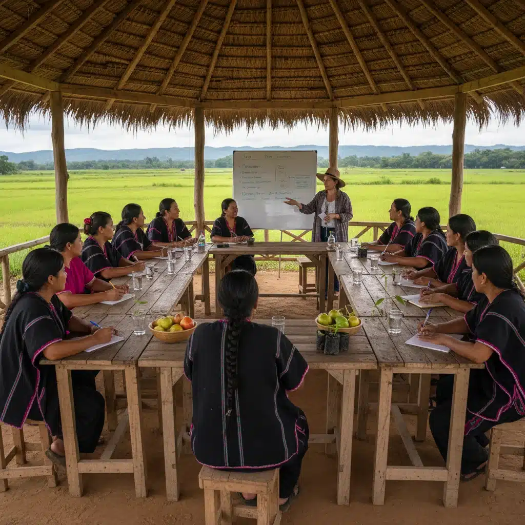 Grupo de agricultores mexicanos participando en una capacitación sobre prácticas agrícolas sostenibles, un pilar de Producción para el Bienestar 2026.
