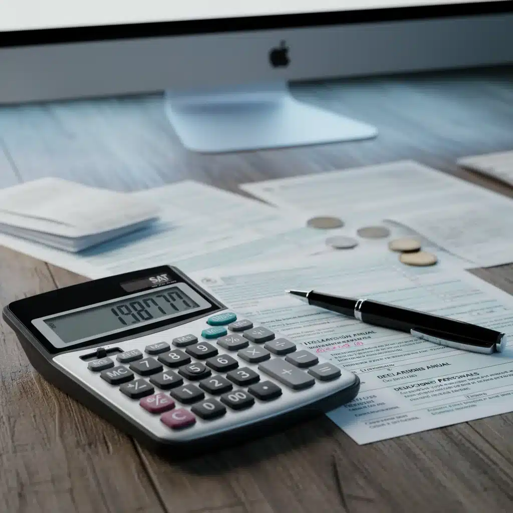 Calculadora, pluma y formularios del SAT sobre un escritorio de madera, representando el cálculo de deducciones fiscales.