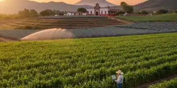 Campo agrícola mexicano al amanecer con un agricultor inspeccionando cultivos, simbolizando el futuro de Producción para el Bienestar 2026.