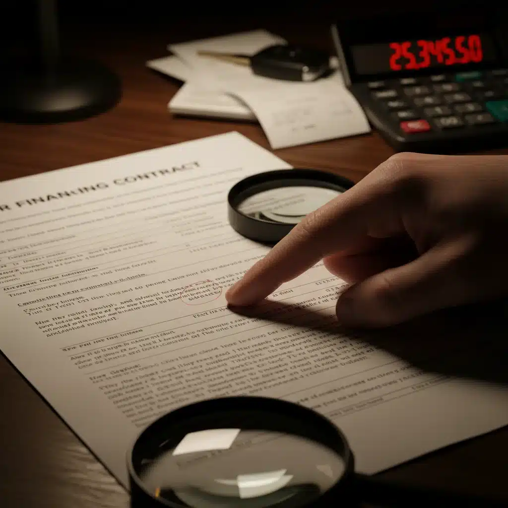 Mano señalando cláusula oculta en contrato de financiamiento automotriz, con calculadora al fondo.