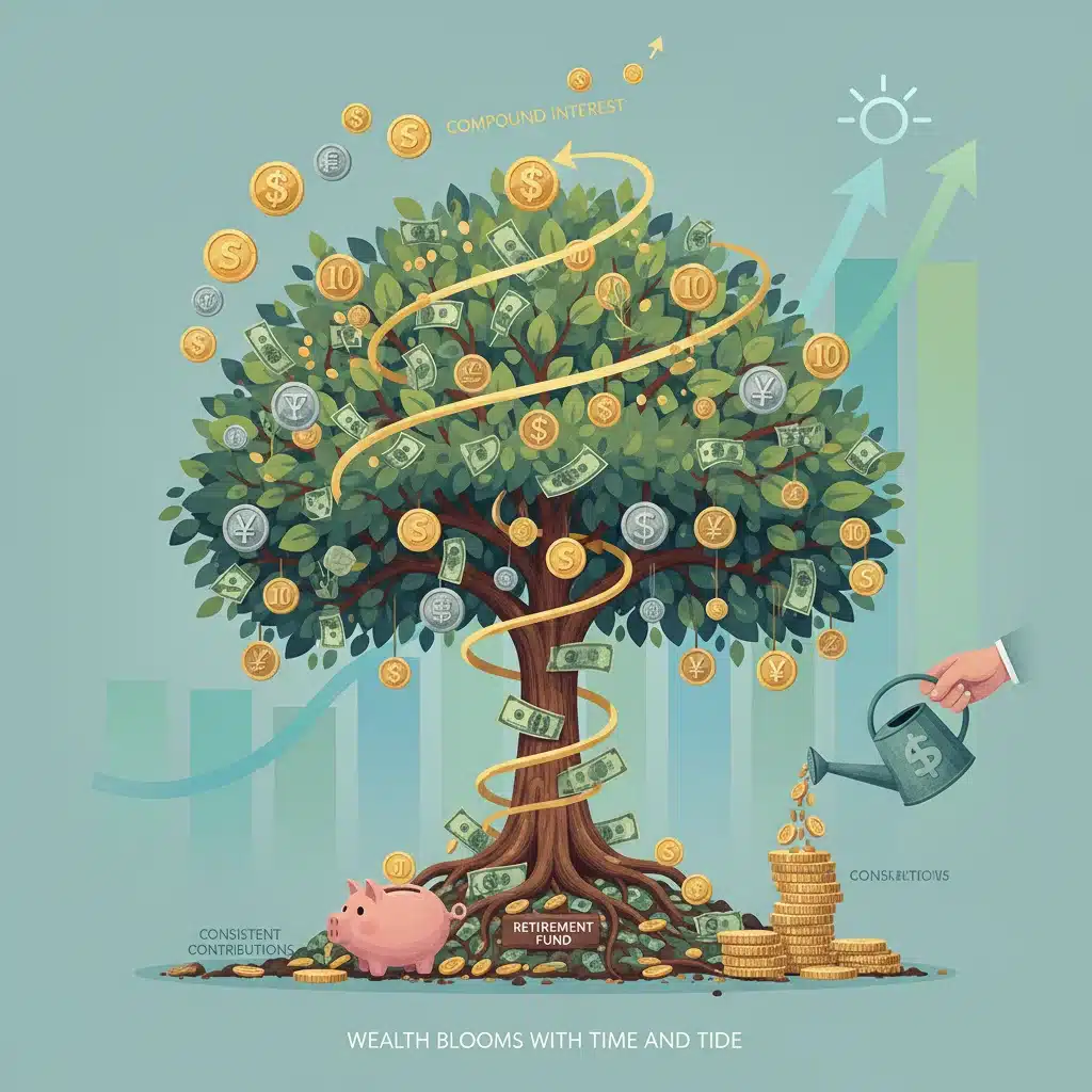 Árbol de dinero con monedas y billetes, representando el crecimiento del ahorro para el retiro y las aportaciones voluntarias.