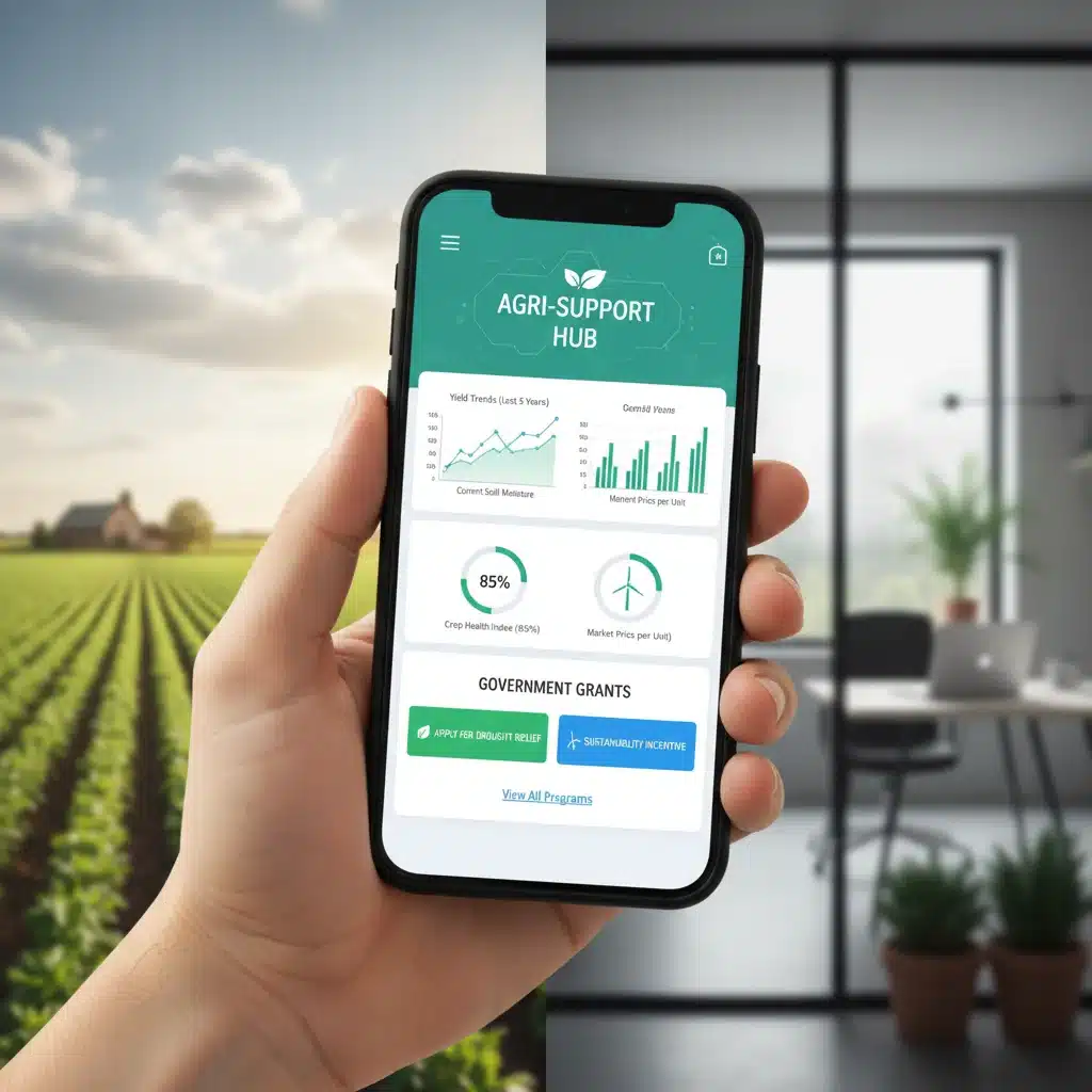 Mano sosteniendo un smartphone mostrando una plataforma digital para el registro y gestión de apoyos agrícolas, representando la digitalización en Producción para el Bienestar 2026.