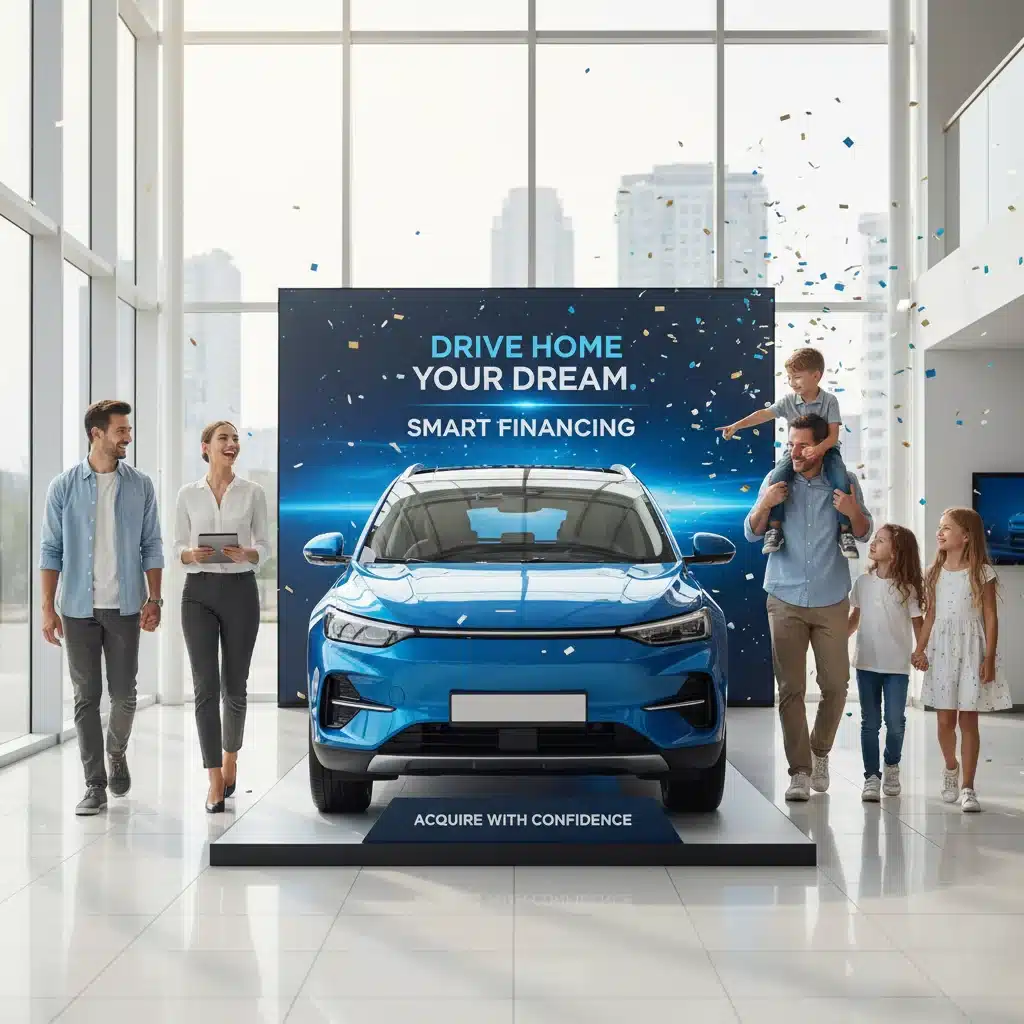 Familia feliz recibiendo las llaves de su nuevo auto, simbolizando la realización de la compra con el financiamiento ideal.