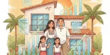 Familia mexicana feliz frente a su casa, con gráficos financieros, simbolizando beneficios fiscales de crédito hipotecario.