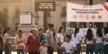 Familias mexicanas recibiendo apoyo social y sonriendo en un entorno comunitario, simbolizando esperanza y bienestar.