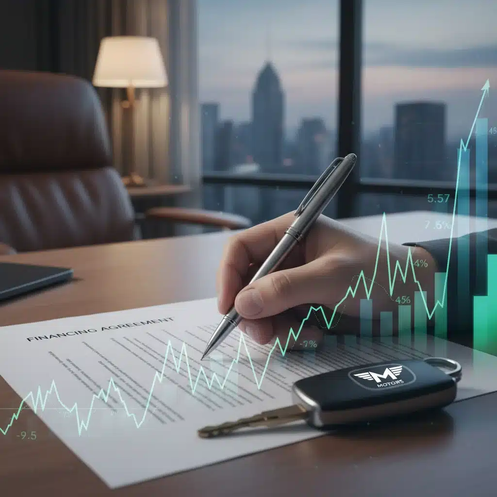 Persona firmando contrato de financiamiento automotriz, representando la revisión de términos y condiciones.