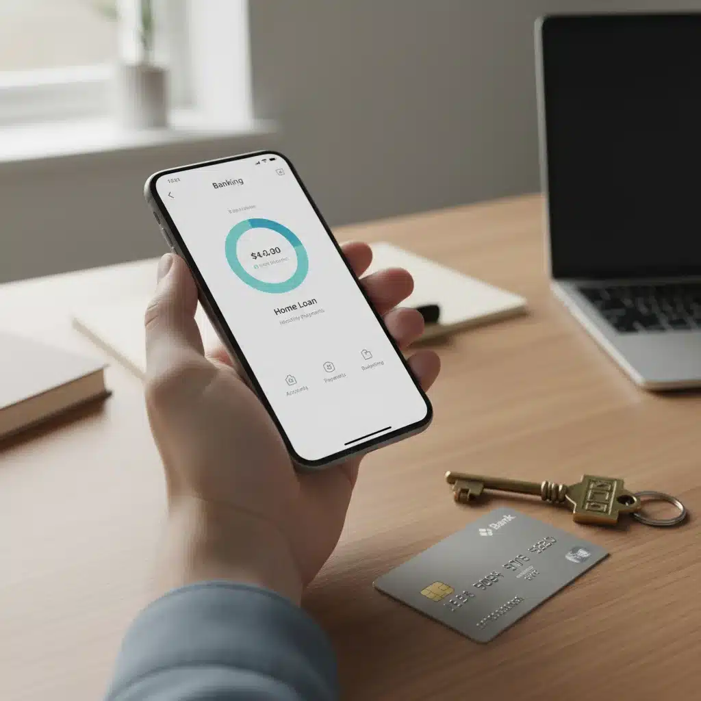 Manos sosteniendo un smartphone con app bancaria, tarjeta de crédito y llave de casa, simbolizando gestión de crédito hipotecario.