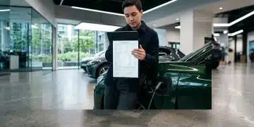 Persona evaluando un contrato de financiamiento automotriz en una tablet, con un vehículo eléctrico de color verde oscuro en un moderno concesionario de fondo.