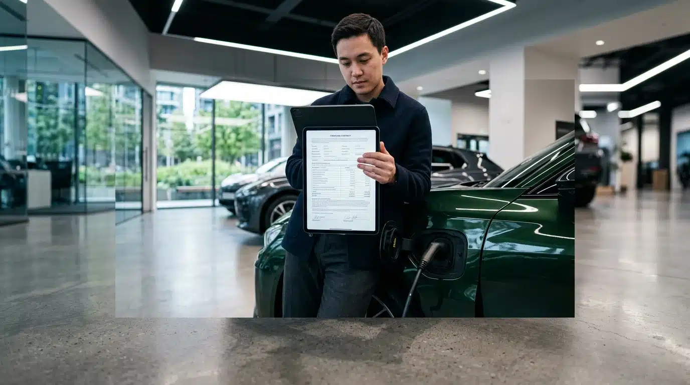 Persona evaluando un contrato de financiamiento automotriz en una tablet, con un vehículo eléctrico de color verde oscuro en un moderno concesionario de fondo.