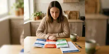 Una persona joven en México comparando opciones de financiamiento automotriz, incluyendo crédito bancario y de agencia, con una lista de verificación y una taza de café en una mesa de madera clara.
