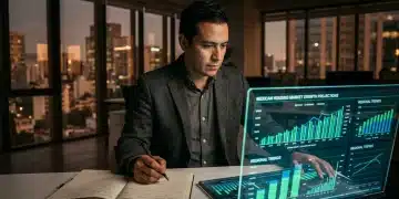 Análisis profesional del mercado hipotecario en México, con gráficos de crecimiento y proyecciones financieras en una pantalla transparente, visto desde una perspectiva de alto nivel con un fondo urbano al anochecer.