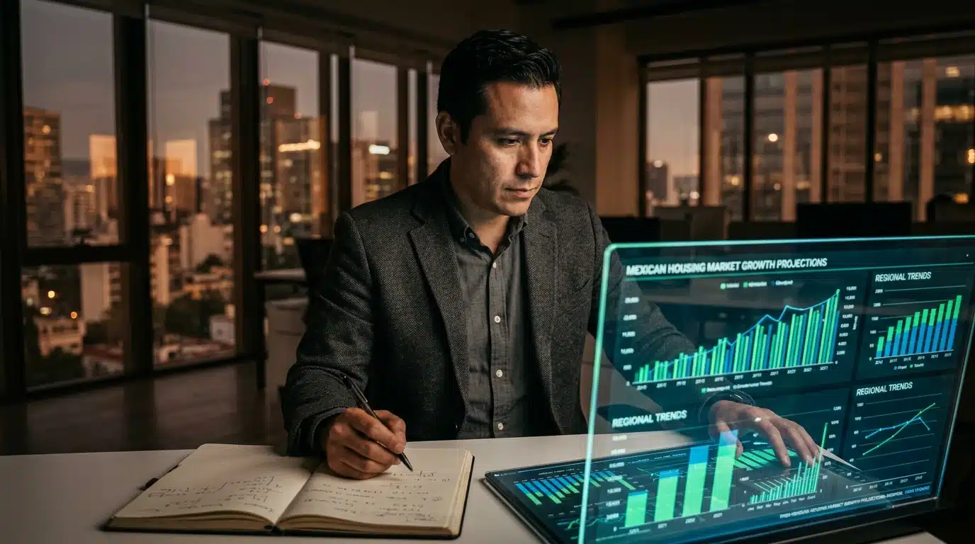 Análisis profesional del mercado hipotecario en México, con gráficos de crecimiento y proyecciones financieras en una pantalla transparente, visto desde una perspectiva de alto nivel con un fondo urbano al anochecer.