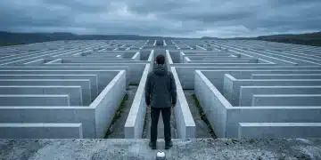 Fotografía profesional de una persona de espaldas ante un laberinto geométrico de concreto, simbolizando la complejidad y el riesgo de postergar el ahorro para el retiro en México.