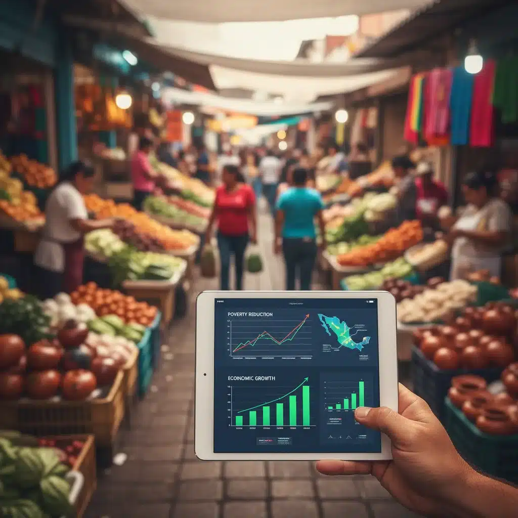 Gráficos en una tableta mostrando el impacto positivo de programas sociales en la reducción de pobreza y el crecimiento económico, con un mercado mexicano de fondo.