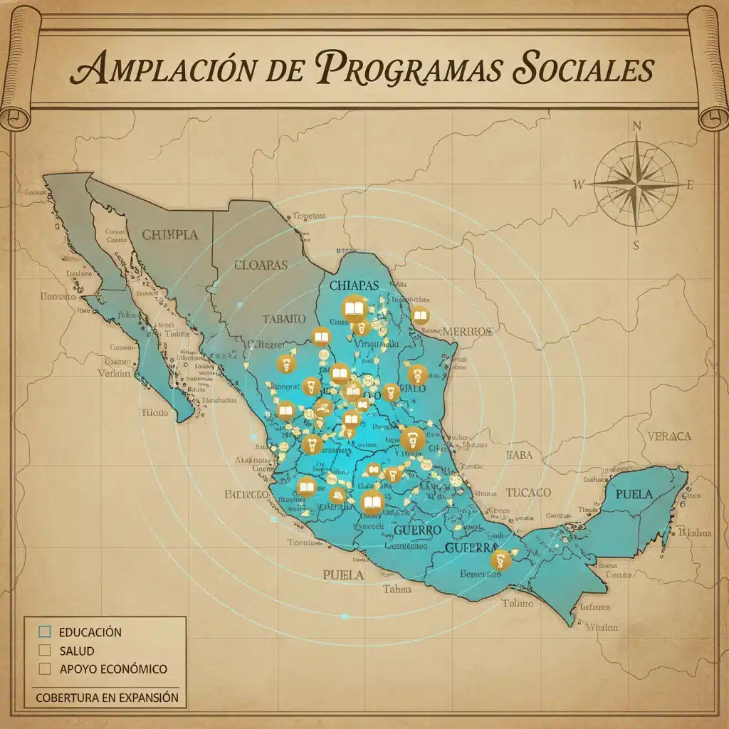 Mapa de México con cuatro estados resaltados, mostrando la expansión de programas de apoyo social en educación, salud y economía.