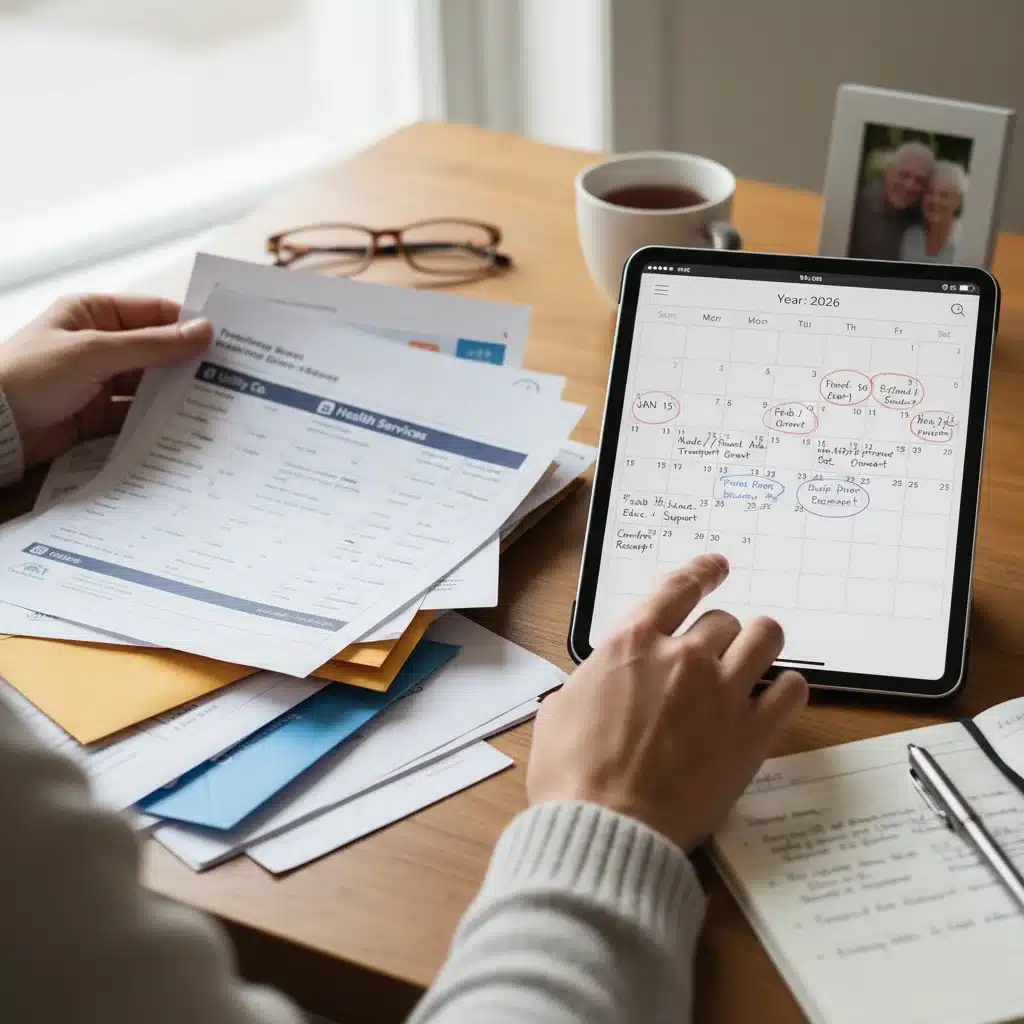 Persona organizando documentos y un calendario digital para planificar los pagos de programas sociales en 2026.