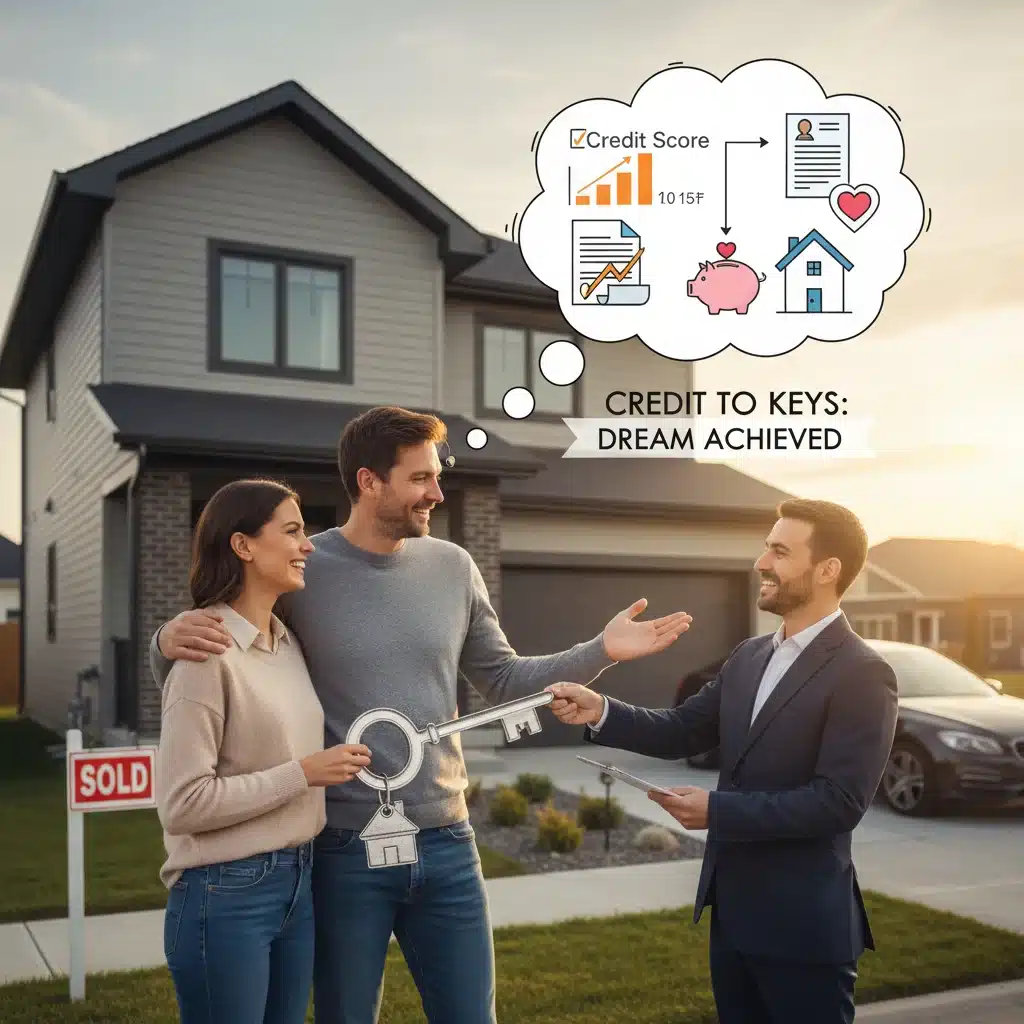 Pareja recibiendo llaves de su nueva casa tras obtener crédito hipotecario