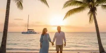 Pareja disfrutando de un atardecer en la playa, simbolizando el retiro anticipado en México.