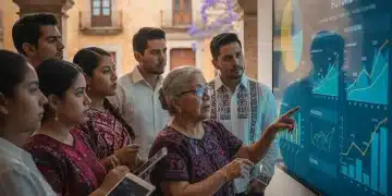 Personas mexicanas de diversas edades analizando gráficos de pensiones, representando planificación financiera para el retiro.