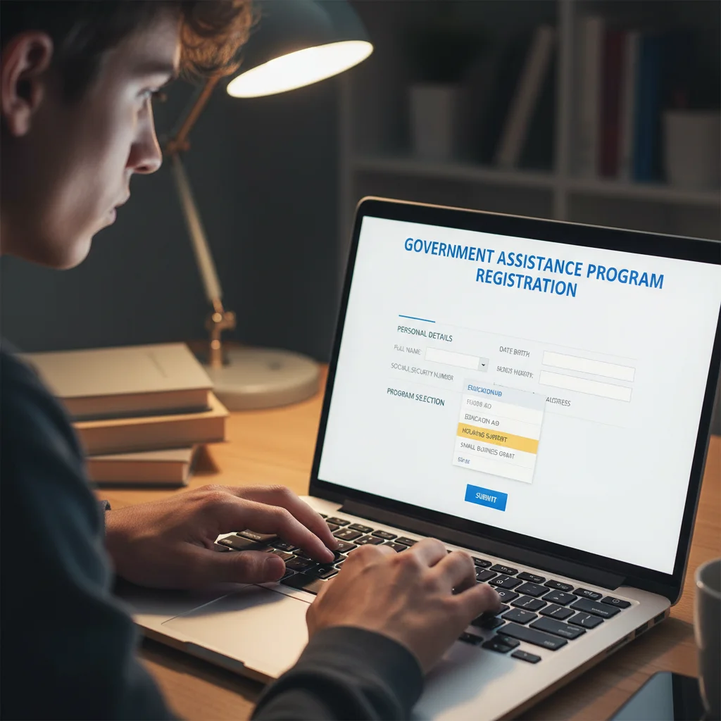 Joven llenando formulario de registro en línea para programa social.