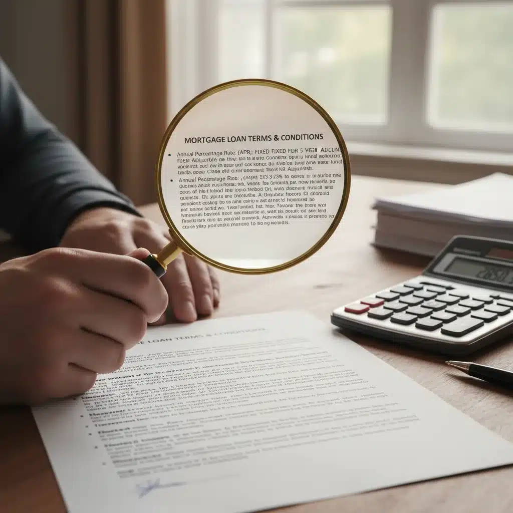 Mano sosteniendo una lupa sobre un contrato de crédito hipotecario, con calculadora y pluma, simbolizando la importancia de revisar los términos y condiciones.