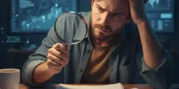 Hombre confundido revisando contrato de financiamiento automotriz con lupa, con el año 2026 de fondo.