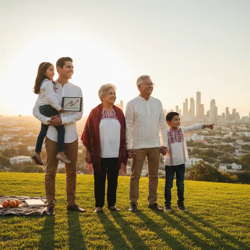 Familia mexicana multigeneracional sonriendo, simbolizando seguridad y tranquilidad financiera en el retiro.