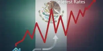Gráfico de tasas de interés hipotecarias en México con un fondo de la bandera mexicana y un icono de casa, simbolizando el mercado inmobiliario y las finanzas.