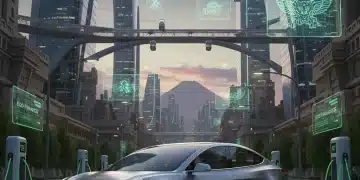 Auto eléctrico moderno cargándose en una estación en una ciudad mexicana, simbolizando el financiamiento verde.