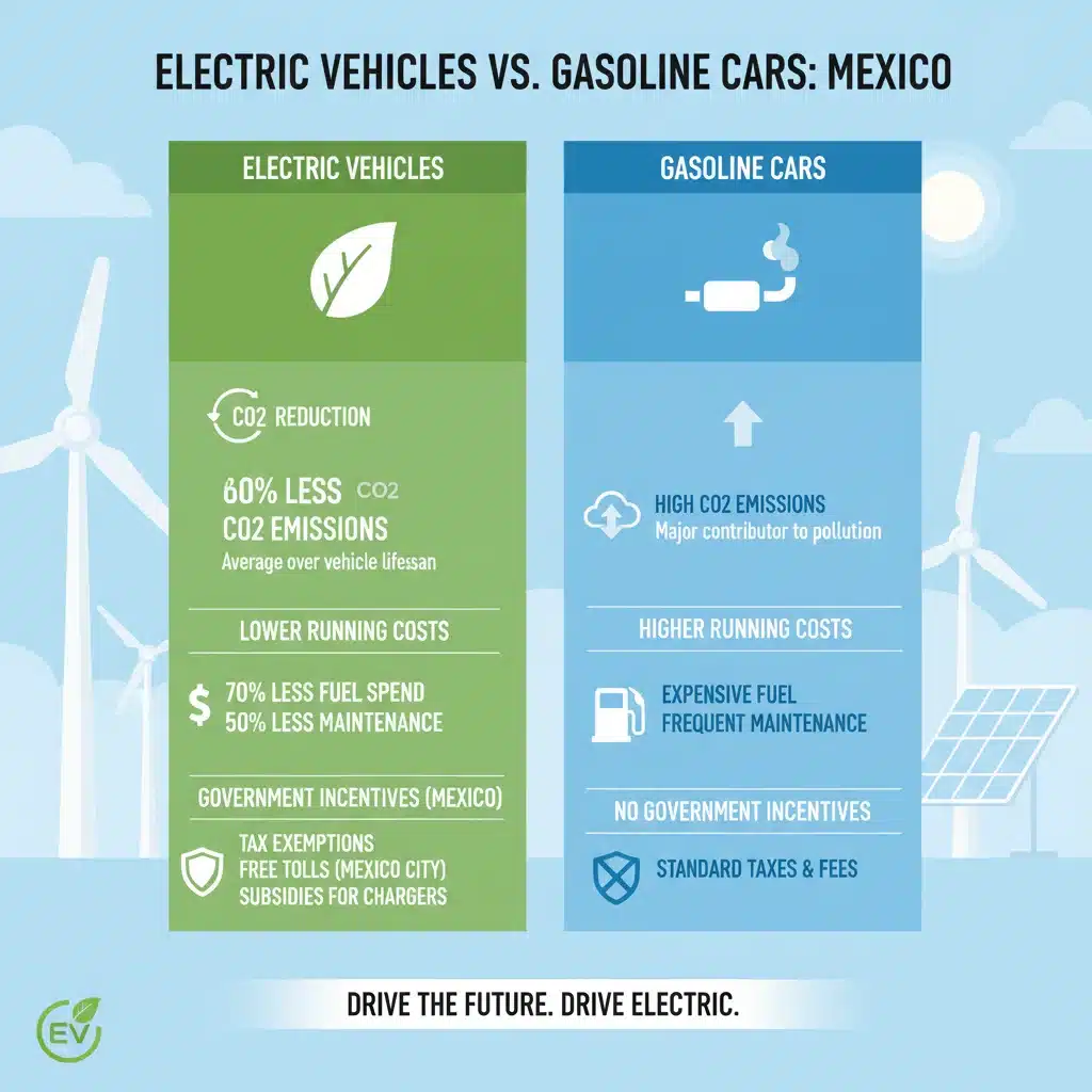Infografía comparativa de beneficios ambientales y económicos de autos eléctricos en México.
