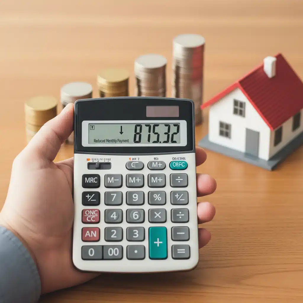 Mano con calculadora mostrando reducción de pagos mensuales de hipoteca