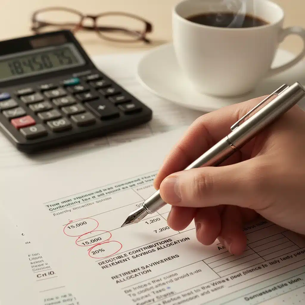 Detalle de mano señalando deducciones fiscales en un documento de ahorro para el retiro.