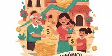 Familia mexicana recibiendo apoyo económico, con elementos gráficos de inflación y programas sociales.