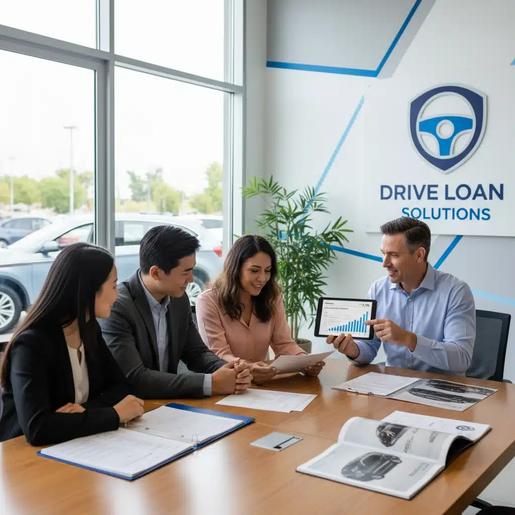Familias mexicanas discutiendo opciones de crédito automotriz con un asesor bancario, revisando documentos y proyecciones.
