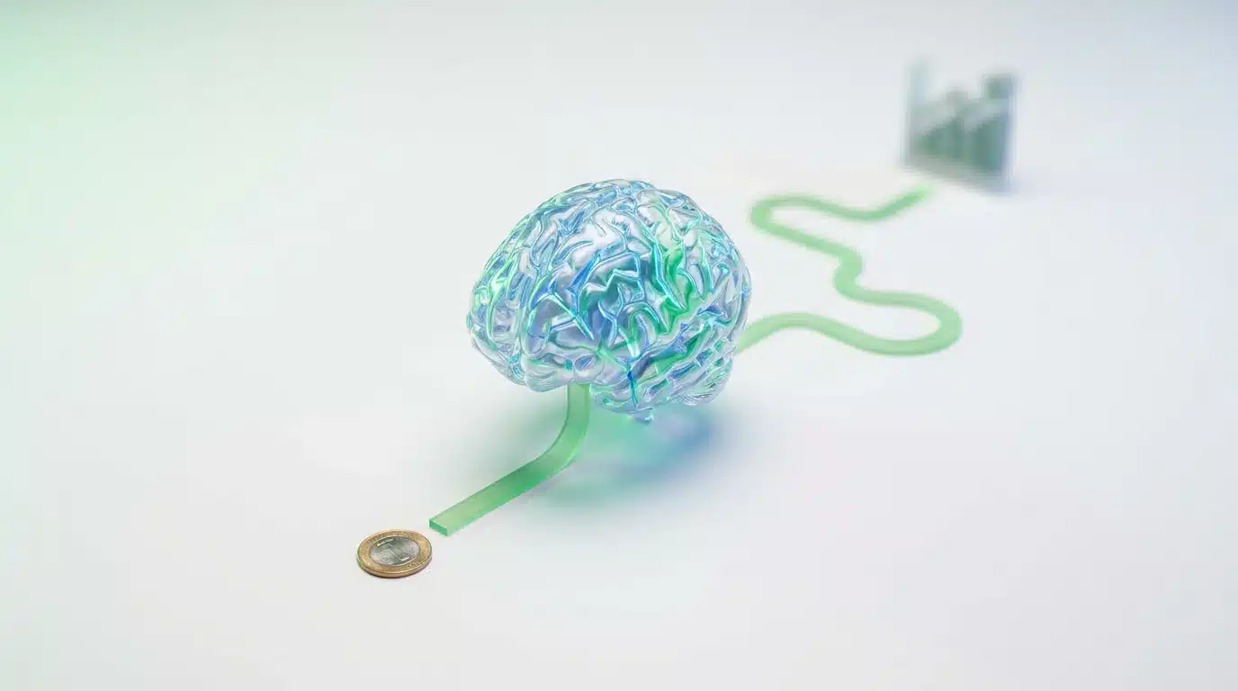 Representación visual de la desconexión temporal del cerebro en el ahorro, con un modelo cerebral acrílico y caminos divergentes hacia recompensas inmediatas y futuras, en tonos de verde y azul.