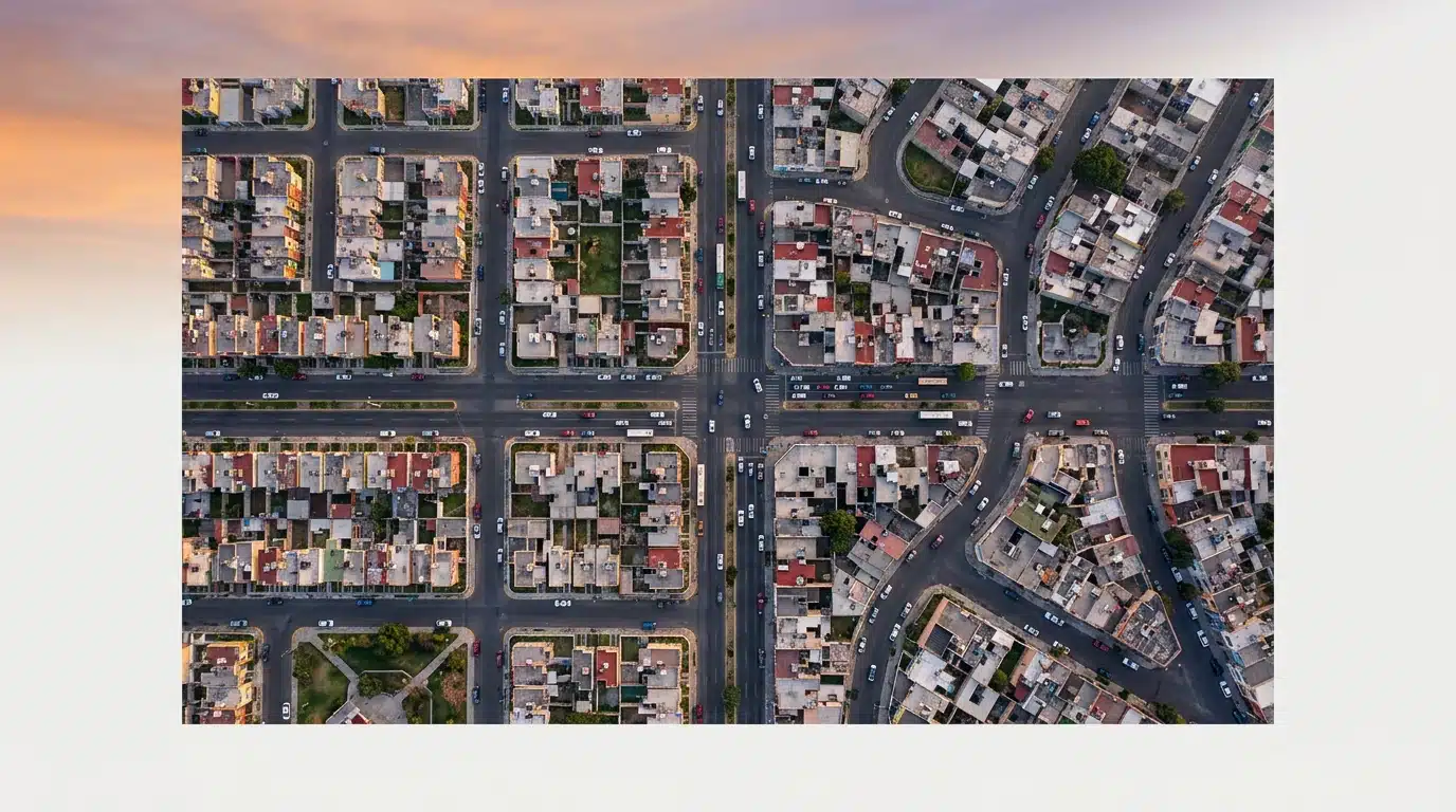 Vista aérea de un paisaje urbano mexicano al amanecer con autos moviéndose en patrones geométricos, simbolizando la movilidad y las oportunidades del financiamiento automotriz.