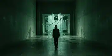 Una persona contemplando una compleja estructura financiera geométrica en una cámara de concreto con luz verde, simbolizando instrumentos de ahorro complementarios al Afore.