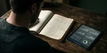 Profesional evaluando críticamente una estrategia de ahorro para el retiro con un libro de contabilidad antiguo y una tablet moderna con datos financieros.