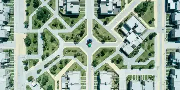 Vista aérea de un paisaje urbano mexicano con patrones geométricos verdes y caminos que simulan un sistema de irrigación de programas sociales, con una persona colocando un token.