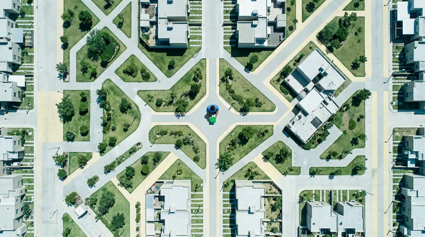 Vista aérea de un paisaje urbano mexicano con patrones geométricos verdes y caminos que simulan un sistema de irrigación de programas sociales, con una persona colocando un token.