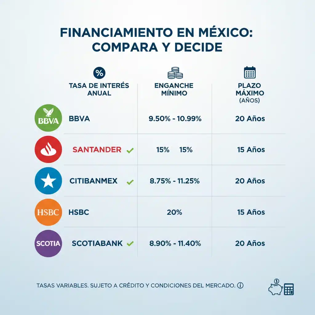Infografía comparativa de tasas de interés y requisitos de financiamiento automotriz de los principales bancos mexicanos.