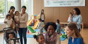 Madres trabajadoras felices con sus hijos en un centro comunitario, simbolizando apoyo gubernamental.