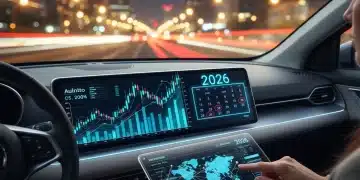 Panel de control de auto con gráficos financieros y calendario 2026, representando cambios en financiamiento automotriz en México.