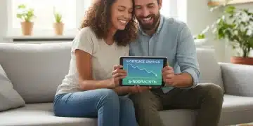 Pareja sonriendo mientras revisa ahorros en crédito hipotecario en tableta digital