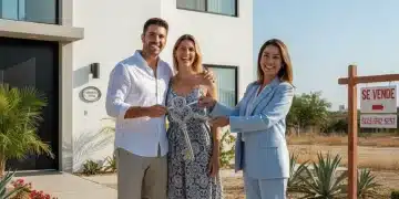 Pareja feliz recibiendo llaves de su nueva casa en México, simbolizando un crédito hipotecario exitoso.
