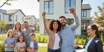 Pareja feliz recibiendo llaves de su nueva casa, símbolo de éxito en su crédito hipotecario.