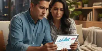Pareja mexicana planificando su ahorro para el retiro mirando una tablet con gráficos financieros para 2026
