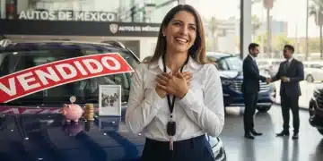 Persona feliz viendo su nuevo coche en una agencia en México, simbolizando el éxito al ahorrar para el enganche.