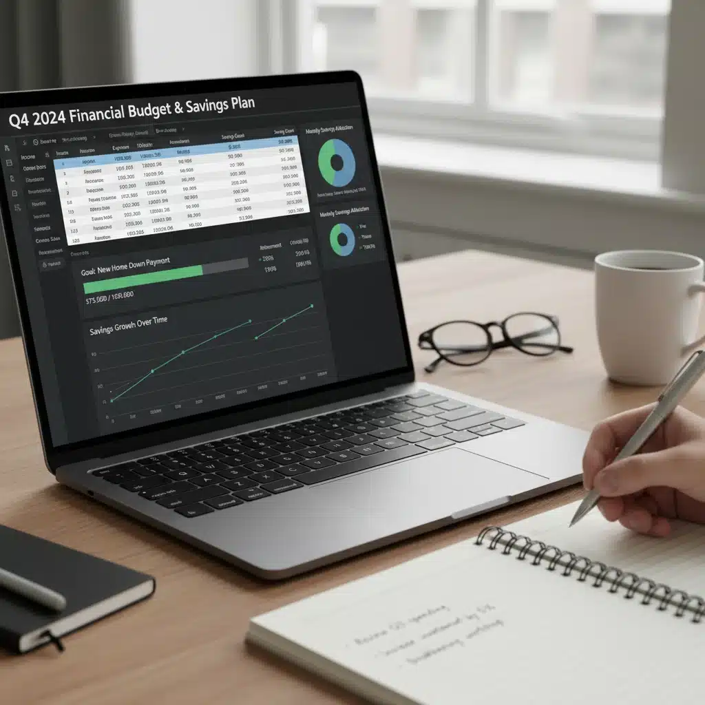 Plan financiero y presupuesto detallado en una laptop, con gráficas de ahorro y notas manuales.